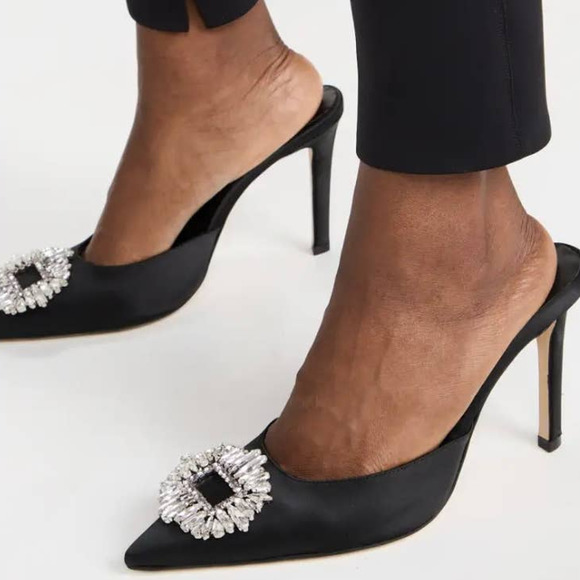 Good American Jeweled Satin Slipper Mules Heels In Black Size 9 NEW - Picture 4 of 15